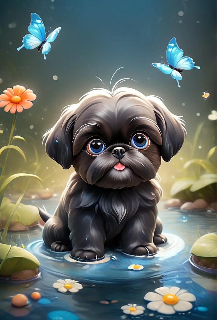 2 adorable very small very black Shih Tzu puppies with big bright blue eyes,extremely detailed eyes and face,longeyelashes,wearing blue collars and sunglasses,playing in creek,butterflies and flowers in background,3D Pixar style,photorealistic,masterpiece,vibrant colors,studio lighting,ultra-detailed,sharp focus,physically-based rendering,professional