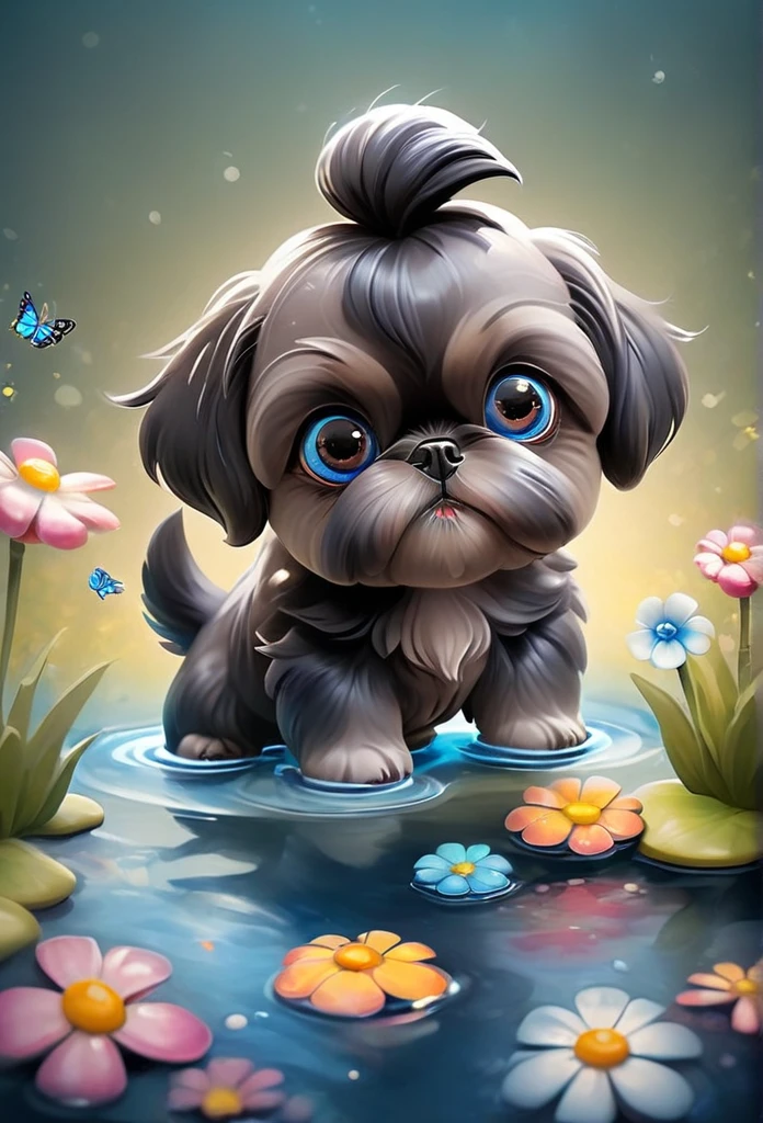 2 adorable very small very black Shih Tzu puppies with big bright blue eyes,extremely detailed eyes and face,longeyelashes,wearing blue collars and sunglasses,playing in creek,butterflies and flowers in background,3D Pixar style,photorealistic,masterpiece,vibrant colors,studio lighting,ultra-detailed,sharp focus,physically-based rendering,professional