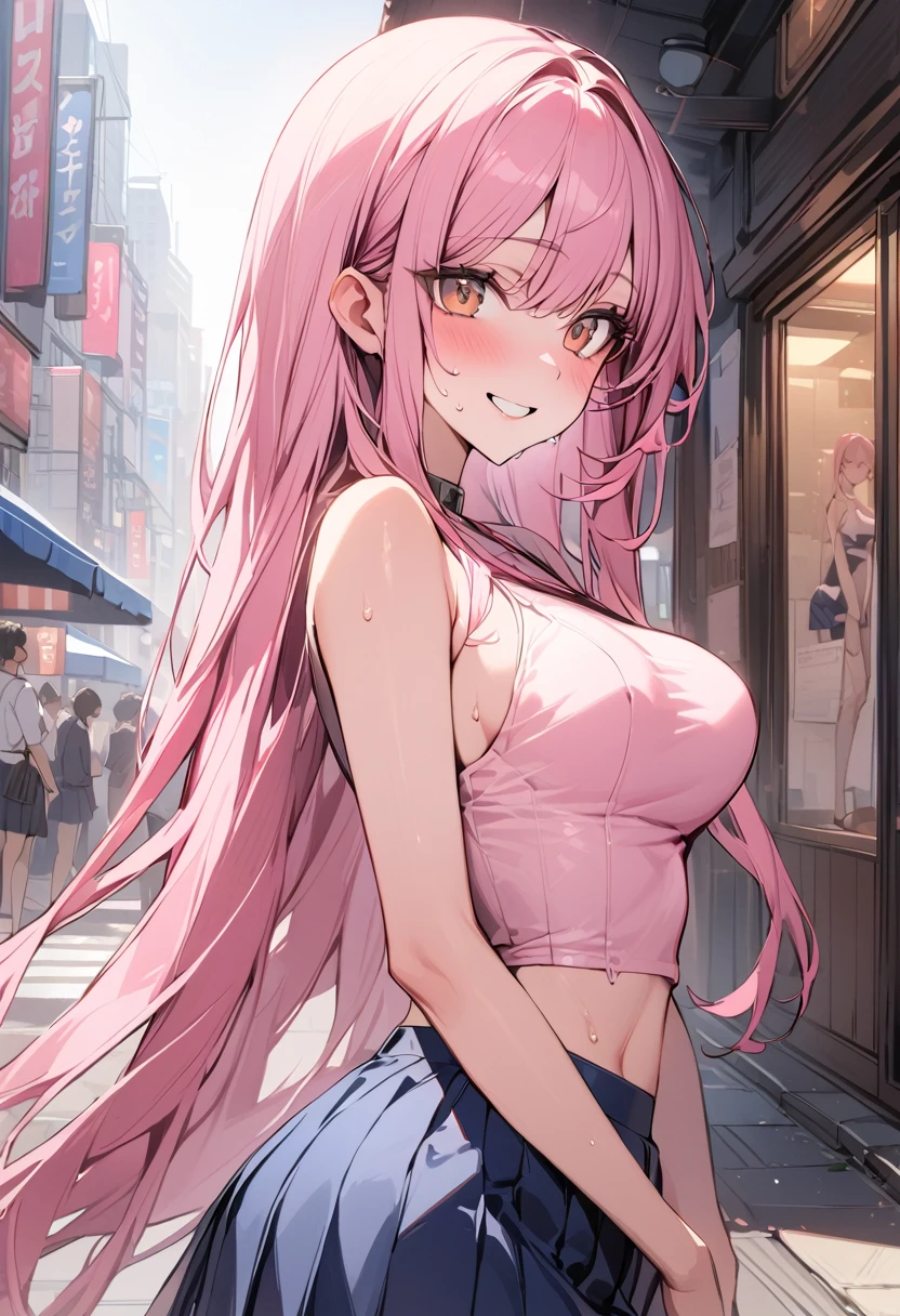 ((masterpiece,Highest quality:1.3,best quality illustration)),cowboy shot,独奏,1woman,(Mature Beauty),pink hair,straight long hair,bangs,brown eyes,(gorgeous eyes),((very small head)),fun,smile,((very long body,skinny)),medium breasts,((Pink baseball blouson、White ribs、Navy blue pleated mini skirt)),gleaming skin,oily skin,slender body,sweat,standing,on street,Shibuya Station、