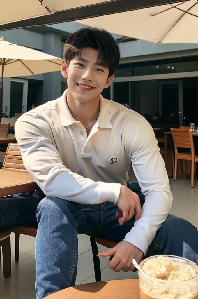 ((realistic daylight)) , (Young Korean man in a polo shirt) , Jeans, A handsome, muscular young Asian man looks at the camera. , In the dining table, outdoors,turn sideways, smile