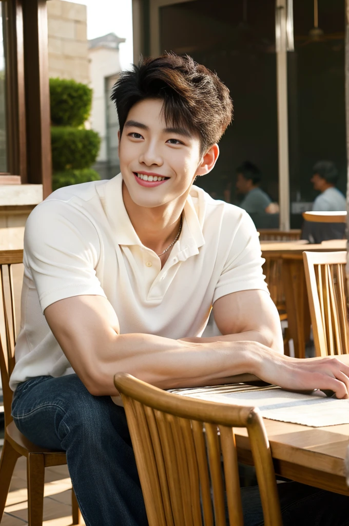 ((realistic daylight)) , (Young Korean man in a polo shirt) , Jeans, A handsome, muscular young Asian man looks at the camera. , In the dining table, outdoors,turn sideways, smile
