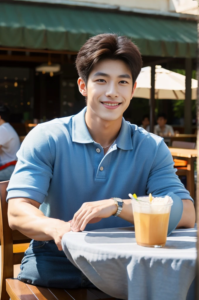 ((realistic daylight)) , (Young Korean man in a polo shirt) , Jeans, A handsome, muscular young Asian man looks at the camera.  , In the dining table, outdoors,turn sideways, smile