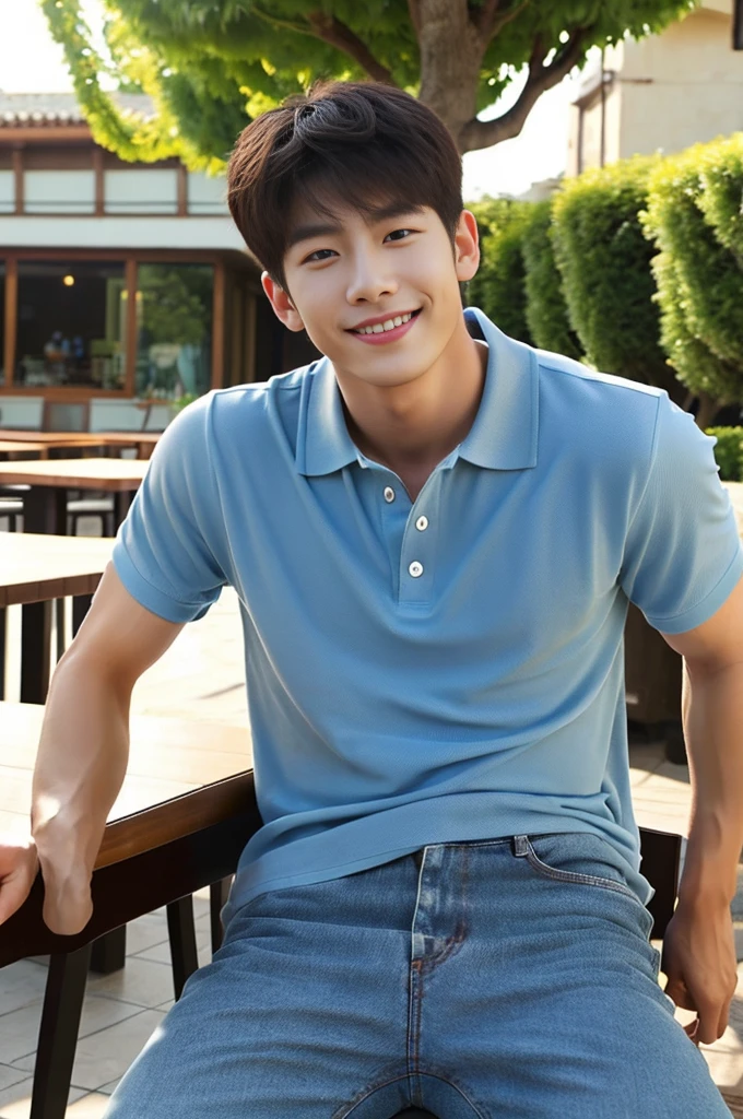 ((realistic daylight)) , (Young Korean man in a polo shirt) , Jeans, A handsome, muscular young Asian man looks at the camera.  , In the dining table, outdoors,turn sideways, smile