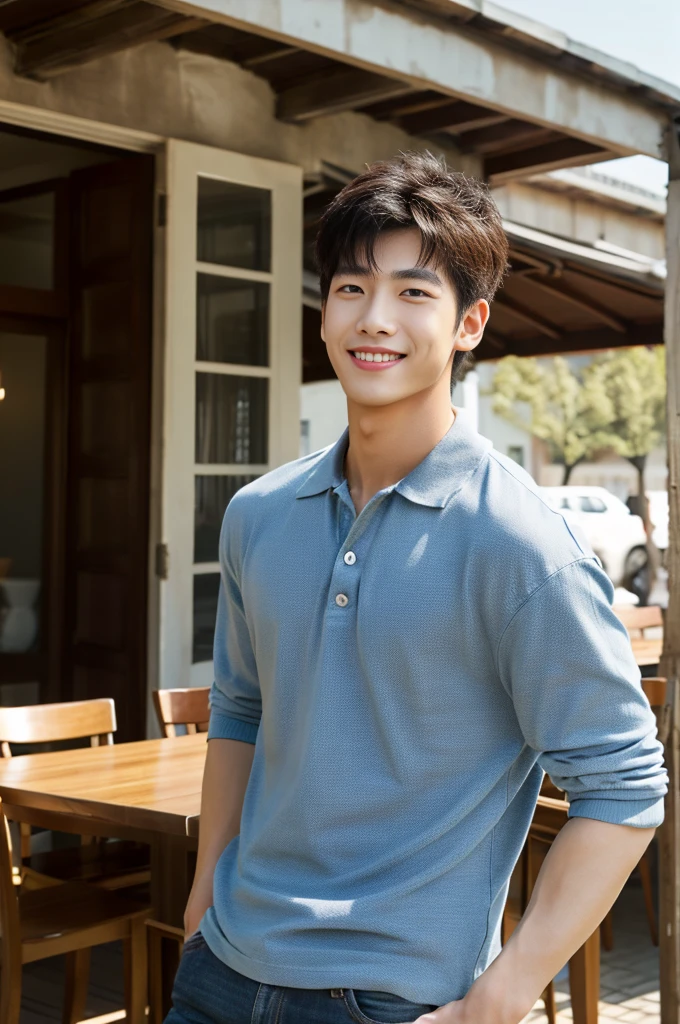 ((realistic daylight)) , (Young Korean man in a polo shirt) , Jeans, A handsome, muscular young Asian man looks at the camera. , In the dining table, outdoors,turn sideways, smile