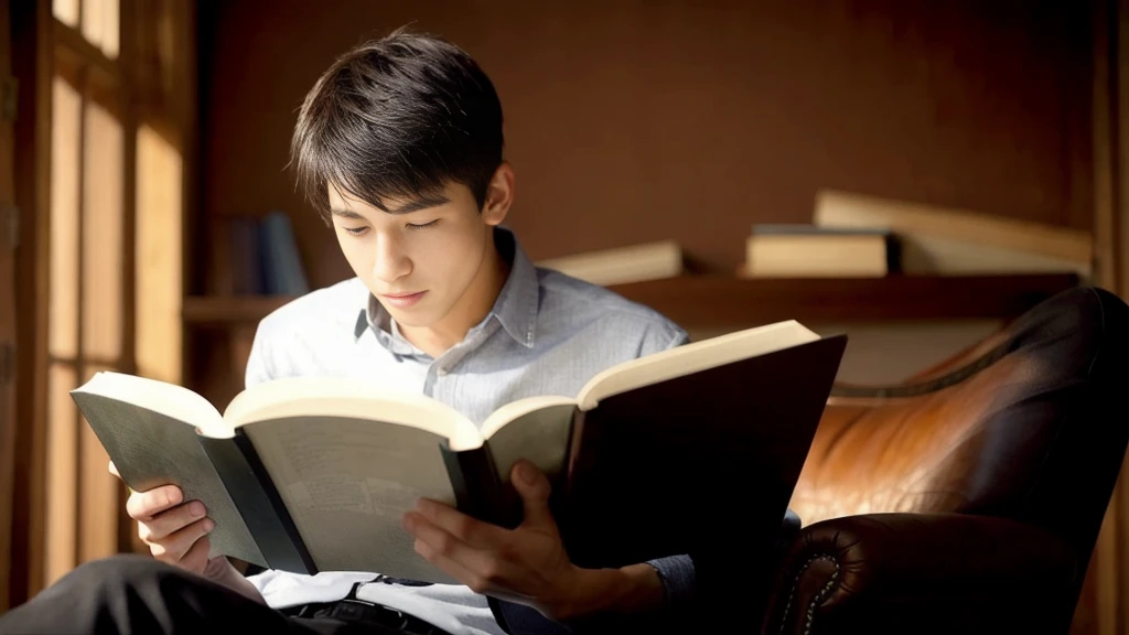 A young man sitting in a chair reading the Bible、Study、high resolution