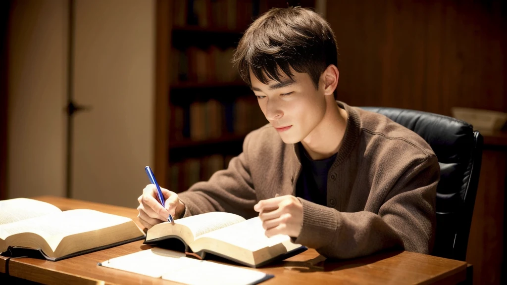 A young man sitting in a chair reading the Bible、Study、high resolution