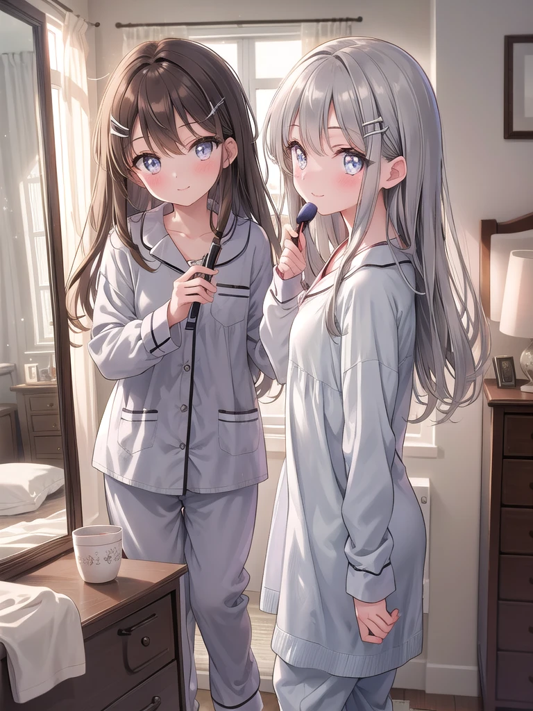 ((8k, best quality, master piece: 1.3)),super high resolution,(1 girl, solo), (colorshift eyes, hyperdetailed, expressive sparkling, glitter, glowing eyes), ultra detailed eyes, ultra-detailed face, random hair, ((silver gray color)),Draw a scene of a 15-year-old girl standing in front of a mirror getting ready for the morning in a brightly lit bedroom at home. The girl has medium-long brown hair, soft skin, bright eyes, and cute pajamas. She uses a brush and hair clip to style her hair, and has a happy, slightly nervous expression. She is posed in front of the mirror, smiling as she brushes her hair. The background is a simple, tidy bedroom at home, with morning light streaming in through the window, softly lighting the room. Props include a mirror, brush, hair clip, dresser, and bed, and are in bright, warm colors that depict the soft texture of the pajamas and the reflection in the mirror. The camera angle should be either through the mirror or from a frontal perspective that includes the entire bedroom.