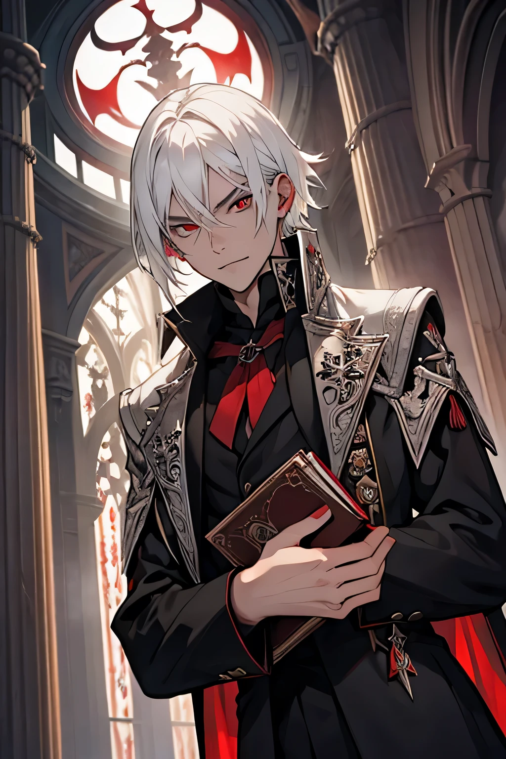 young vampire, white hair, Scarlet eyes, Holding a grimoire, bleeding, Ranni