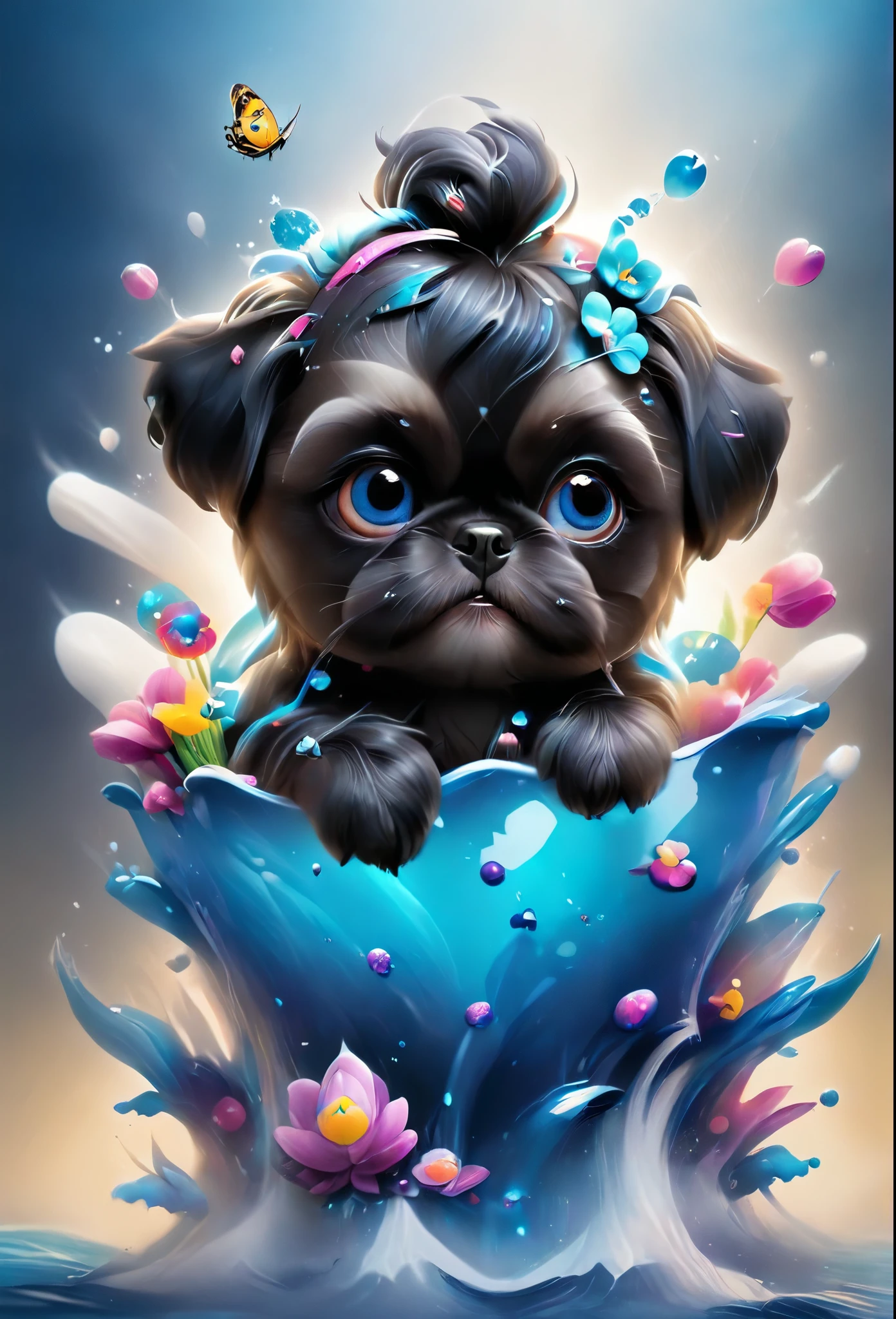 2 adorable very small very black Shih Tzu puppies with big bright blue eyes,extremely detailed eyes and face,longeyelashes,wearing blue collars and sunglasses,playing in creek,butterflies and flowers in background,3D Pixar style,photorealistic,masterpiece,vibrant colors,studio lighting,ultra-detailed,sharp focus,physically-based rendering,professional