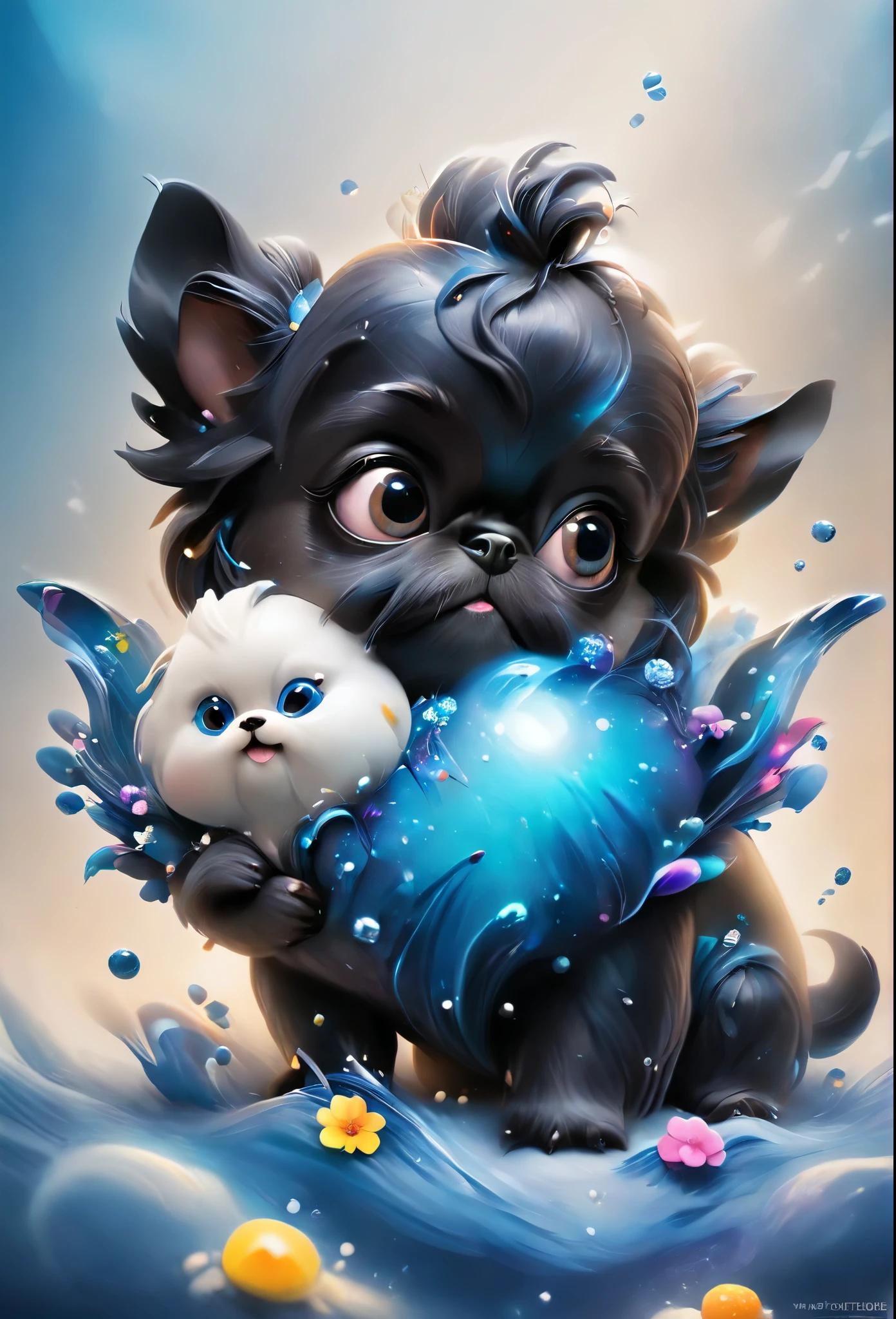 2 adorable very small very black Shih Tzu puppies with big bright blue eyes,extremely detailed eyes and face,longeyelashes,wearing blue collars and sunglasses,playing in creek,butterflies and flowers in background,3D Pixar style,photorealistic,masterpiece,vibrant colors,studio lighting,ultra-detailed,sharp focus,physically-based rendering,professional