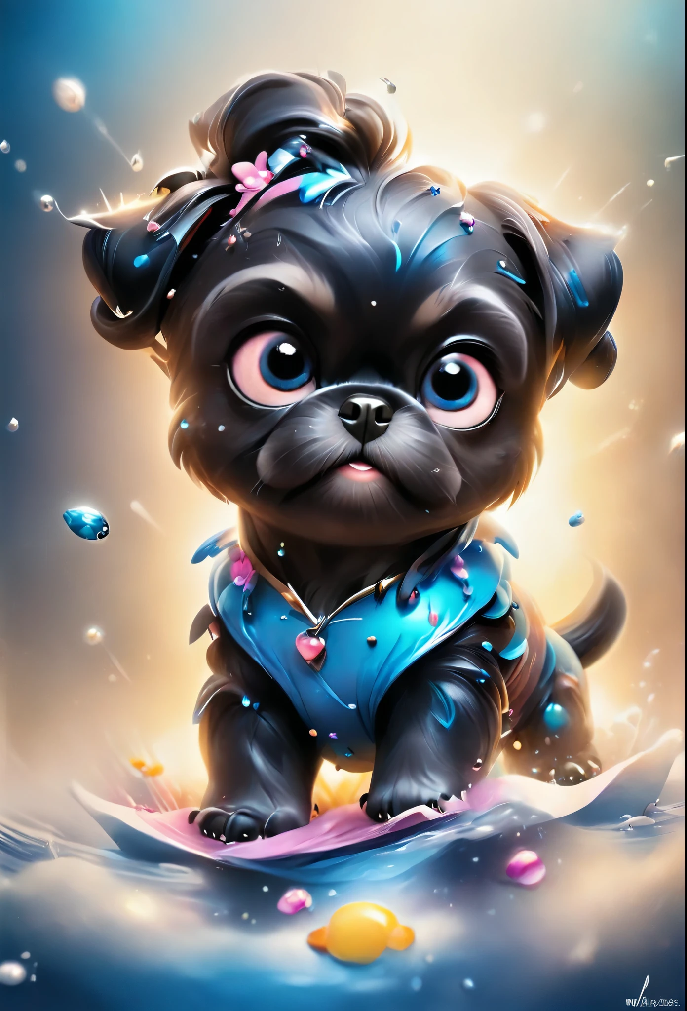 2 adorable very small very black Shih Tzu puppies with big bright blue eyes,extremely detailed eyes and face,longeyelashes,wearing blue collars and sunglasses,playing in creek,butterflies and flowers in background,3D Pixar style,photorealistic,masterpiece,vibrant colors,studio lighting,ultra-detailed,sharp focus,physically-based rendering,professional