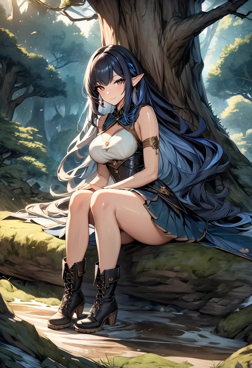 high quality, 4k, 8k, highres, HDR, UHD, masterpiece, ultra-detailed, a beautiful elf woman in a dark fantasy forest, sitting pose, legs toghether, creative angle, mature woman. short skirt, natural clothing, eld boots, extremely detailed face, medium long flowing hair, natural looking hair, rendered hair, dark blue hair, curious expression, sitting under a large tree, anime style, highly detailed, 8k, fantasy art, magical atmosphere, mossy ground, dark setting, demonic forest, dark eyes, rendered eyes, special eyes, pointed ears, detailed dress, intricate details, fantasy landscape, simple background
