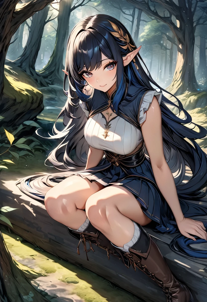 high quality, 4k, 8k, highres, HDR, UHD, masterpiece, ultra-detailed, a beautiful elf woman in a dark fantasy forest, sitting pose, legs toghether, creative angle, woman. short skirt, natural clothing, eld boots, extremely detailed face, medium long flowing hair, natural looking hair, rendered hair, dark blue hair, curious expression, sitting under a large tree, anime style, highly detailed, 8k, fantasy art, magical atmosphere, mossy ground, dark setting, demonic forest, dark eyes, rendered eyes, special eyes, pointed ears, detailed dress, intricate details, fantasy landscape, simple background
