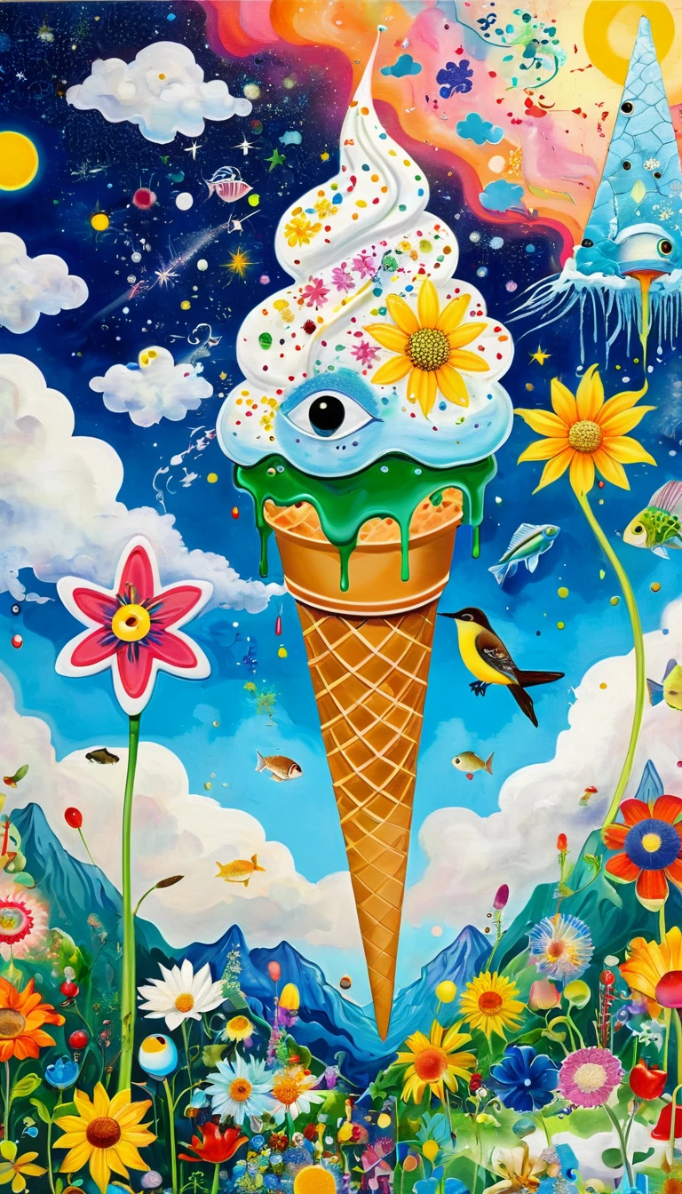 Children's graffiti,Artists from the stars,The giant ice cream cone is decorated with、Eruption Cloud、sky、flowesh、章fish触手瀑布。、bird、Eye、diatom,Abstract mosaic painting,Describing the inner world of autistic people,Large area of white,interesting,Innocence,Vision,Psychedelic Art,