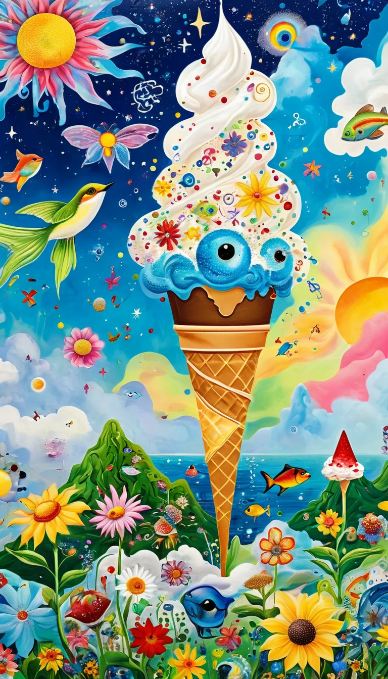 Children's graffiti,Artists from the stars,The giant ice cream cone is decorated with、Eruption Cloud、sky、flowesh、章fish触手瀑布。、bird、Eye、diatom,Abstract mosaic painting,Describing the inner world of autistic people,Large area of white,interesting,Innocence,Vision,Psychedelic Art,