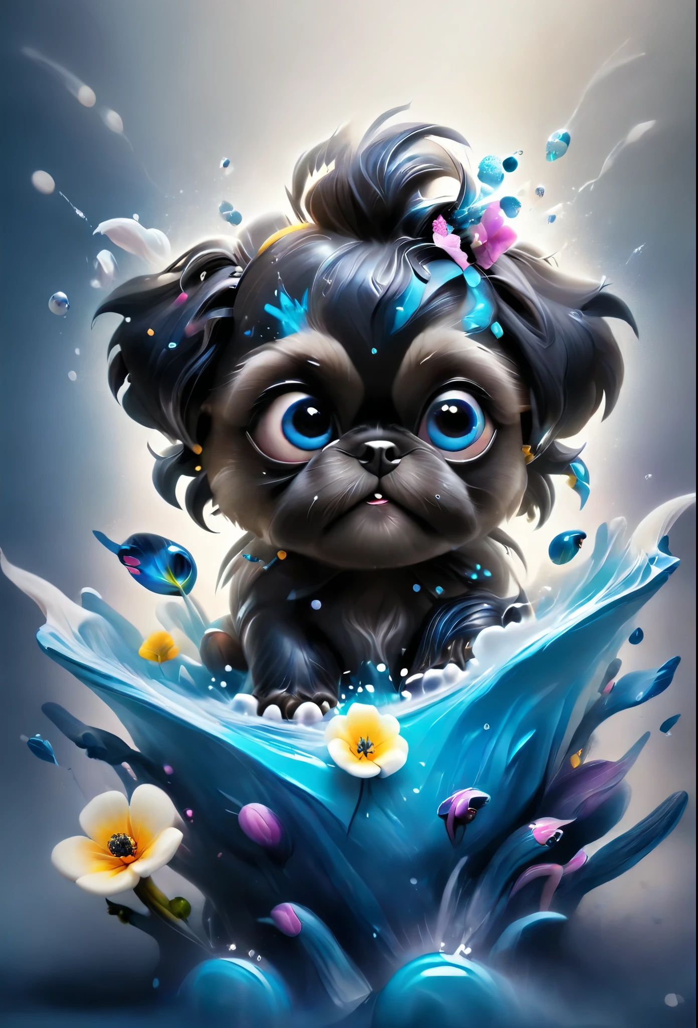 2 adorable very small very black Shih Tzu puppies with big bright blue eyes,extremely detailed eyes and face,longeyelashes,wearing blue collars and sunglasses,playing in creek,butterflies and flowers in background,3D Pixar style,photorealistic,masterpiece,vibrant colors,studio lighting,ultra-detailed,sharp focus,physically-based rendering,professional