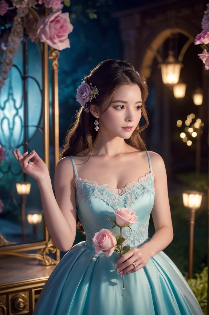 Create a detailed, high-resolution image of Belle from "Beauty and the Beast." She is in the enchanted rose garden at twilight, surrounded by glowing, bioluminescent flowers. Belle is wearing a flowing, pastel-blue dress with intricate lace details, and her hair is styled in a loose, elegant bun with a few tendrils framing her face. The enchanted rose in its glass case is in the foreground, its petals shimmering with magic. Belle is reaching out to touch the glass, her face illuminated by the soft, pink glow of the rose.