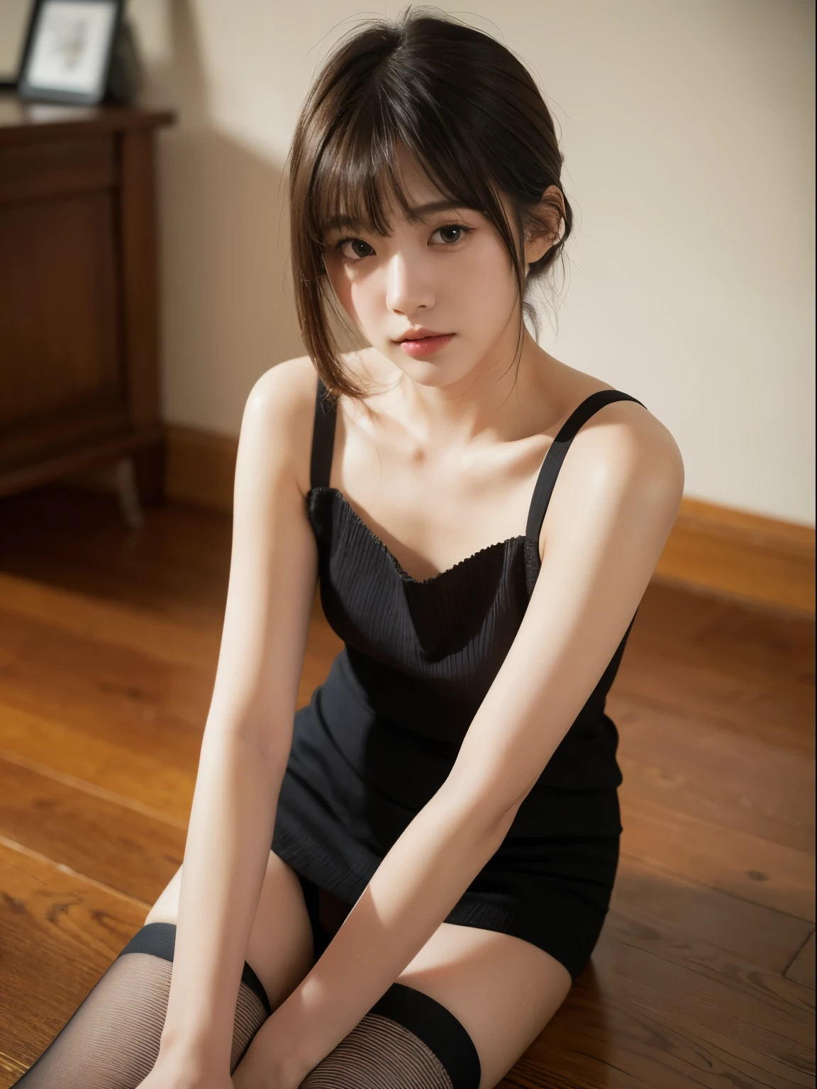 (8k, Top quality, Masterpiece:1.2), (Realistic, photo-realistic:1.37), Super detailed, perfect anatomy, a Japanese, girl, cute, small eyes, 18 years old, stockings, blunt bangs, stockings,