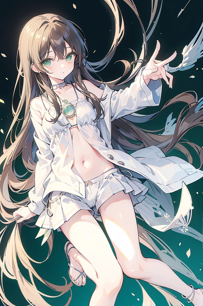 {{masterpiece}}, The best quality of life, 、Dark brown long hair down to the waist、Anime Girls with brown long hair, Cute female anime visuals,Anime full body illustration, Anime Moe Art Style, Anime characters, (Anime Girls)、(Green Eyes）、Expressionless adult woman、Small Necklace、((White background))、Black Bikini、Grey shorts、A light jacket、Green anklet、A woman standing in white sandaledium bust size