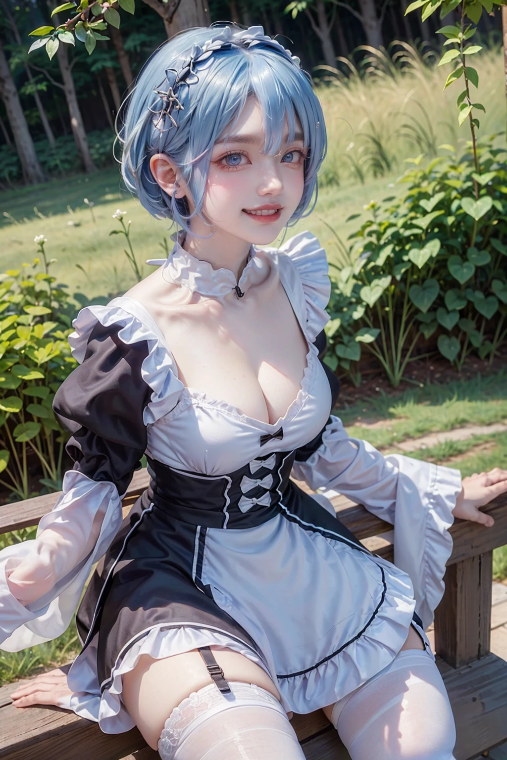 ((16K)),(masterpiece:1.3, Highest quality, Ultra-high resolution, Super detailed), (Realistic, photoRealistic:1.4), Perfect lighting, Depth of written boundary, Browsing Caution, Surrealism,Face Light,(( large breasts)),Beautiful detailed hair,((Beautiful eyelashes)), Beautifully detailed face, Beautiful fine details, Beautiful body, thin脚,Beautiful breasts, Beautiful feet, ((Beautiful Hands)), thin, 1 girl, 23 years old,Perfect Face, Long eyelashes,Perfect Anatomy, Supermodel with a long neck,((Skinny1.2)),(Perfect Anatomy,Anatomically correct, Highly detailed skin), Shiny skin,((beautiful girl:1.1)), ((Smiling happily and showing your teeth:1.3)),((pinup)),((leaning on rail:1.2)), ((spread legs:1.2)),((from side)),rem_\(re:NULL\), ((blue hair, short hair)), (hair over one eye:1.3), eyes_ass visible_through_hair, Blue eyes, roswaal_mansion_maid_uniform, apron, white thighhighs, garter straps, standing, upper body, outdoors, mansion, buzzer, garden, flowers, trees, grass, bushes, sunlight,