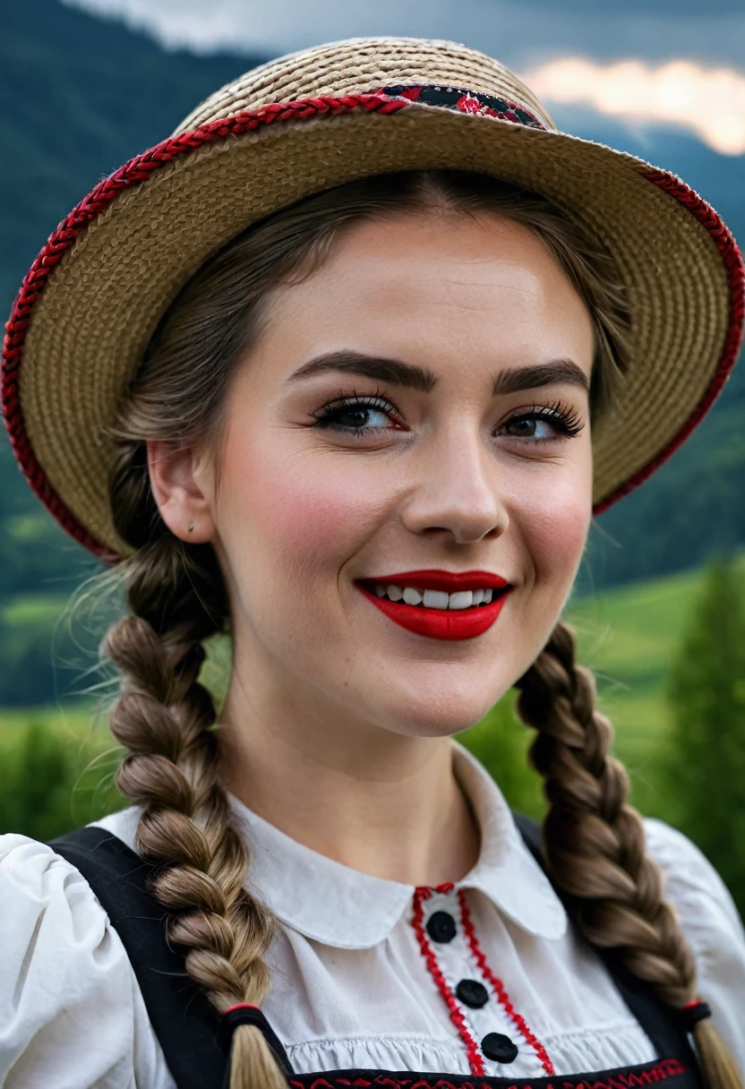 A young woman in a dirndl dress, french braid, and a bollenhut hat, winking with one eye, red lipstick, set against a dark background, ultra-detailed, (best quality,4k,8k,highres,masterpiece:1.2),ultra-detailed,(realistic,photorealistic,photo-realistic:1.37),vibrant colors,dramatic lighting,Black Forest landscape,tourism poster