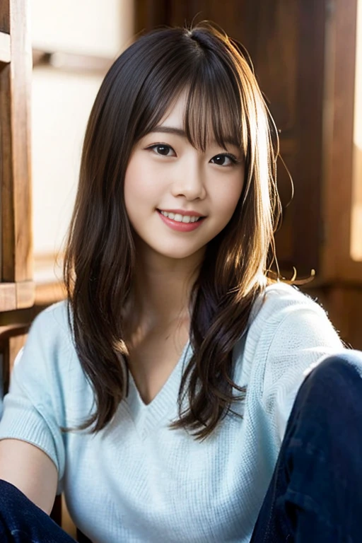 (8k、RAW Photos、Highest quality、masterpiece:1.2)、(Realistic、Photorealistic:1.37)、Ultra-detailed、Ultra-high resolution、1 girl、Seeing the viewer、Beautifully detailed face、Laughter、narrow、(Narrow waist) :1.3)、Beautifully detailed skin、Skin Texture、Floating Hair、Professional Lighting、Human whole body、Long Hair、Japanese School Clothes、classroom、Bob Hair、E cup breasts、Dark blue socks、15-year-old student、high school student、Smile、Childish smile、Black Hair