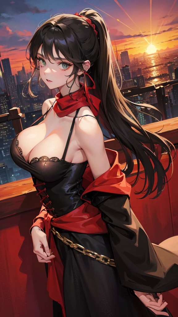 medieval setting, full view of body, 1 skinny female with large breast, beatiful smokey green eyes, black hair pinned up, off-shoulder midi dress, red scarf around her neck, eerie sunset