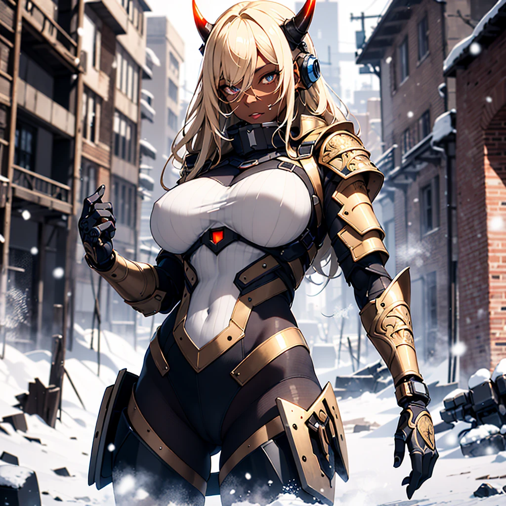 ((best quality)), ((masterpiece)), (detailed), 1girl, 8k_wallpaper, extremely detailed eyes, (large masterpiece digital art), (intricate details:1.3 ), (ultra-detailed:1.3), (sharp focus:1.3), (natural lighting:1.05), (vivid colors:1.3), (best quality:1.4), high quality, expressive eyes, full body, detailed face, beautiful face, perfect face, ((blonde hair)), (gold eyes), ((large blue horns)), {{dark skin}}, ({dark skinned female}), big breasts, huge chest, dressed in heavy combat steel cyber close armor of a dark red steel color, a military radio hanging on her belt, she is dressed in heavy steel closed-type cyber armor, a heavy armored cyber exoskeleton, powerful armor covers her entire body, she stands on a winter evening in the middle of the ruins of the old city next to a fantastic cyber military against the backdrop of high snowy mountains, it is snowing,