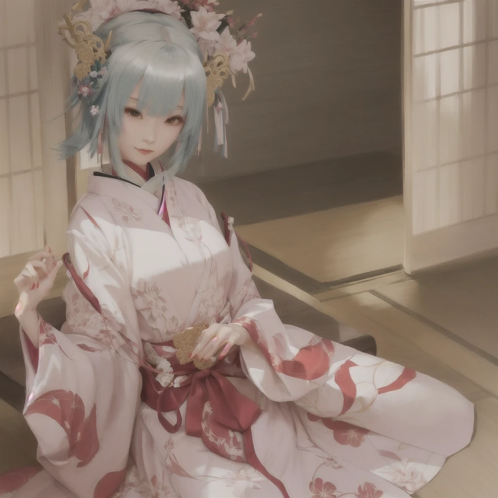 Anime-style image of a woman in a kimono sitting on a bench, Yandere intricate, ((wearing a noble robe)), Onmyoji portrait, The Detailed Art of the Onmyoji, onmyoji, Zerochan Art, Yandere, gapmoe Yandere, Painted in an anime artist's studio, gapmoe Yandere grimdark, pixiv Contest Winner, From DesireA 17-year-old Japanese girl with vibrant hair colors, long hair, daring hair styling, slender figure, plump cheeks. She embodies the punk rock aesthetic, dressed like a punk rocker with bold attire, large sunglasses, a defiant expression. She stands at 170 centimeters tall, weighs 30 kilograms, wears long boots, with her thighs visible under a red pleated skirt. Adorned with numerous silver accessories. Depict with distinct outlines, using colors other than black for the outlines, using colorful hues for the outlines. She's into girls' rock, punk, Electric guitar, vibrant colors, stages, and backed by a band. An underground clubhouse with colorful lighting amidst the darkness. Colorful candies resembling mountains of treats are plentiful, strewn all around. A tall, well-built man with blonde hair is present, adorned with tattoos, a nose piercing, and a split tongue.