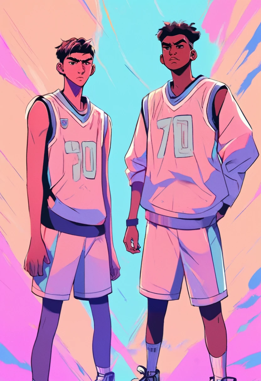 A age boy-girl couple, wearing basketball jerseys in the style of enemies, angry faces, soft pastel colored background, vector style, manga style, digital art, by Marshall Arisman, cover illustration, 70mm, 7 0 mm, 70 mm, book cover illustration, by Brigette Barrager, album cover, novel cover art for a book, art concept for a book cover, cover art, 7 feet tall,