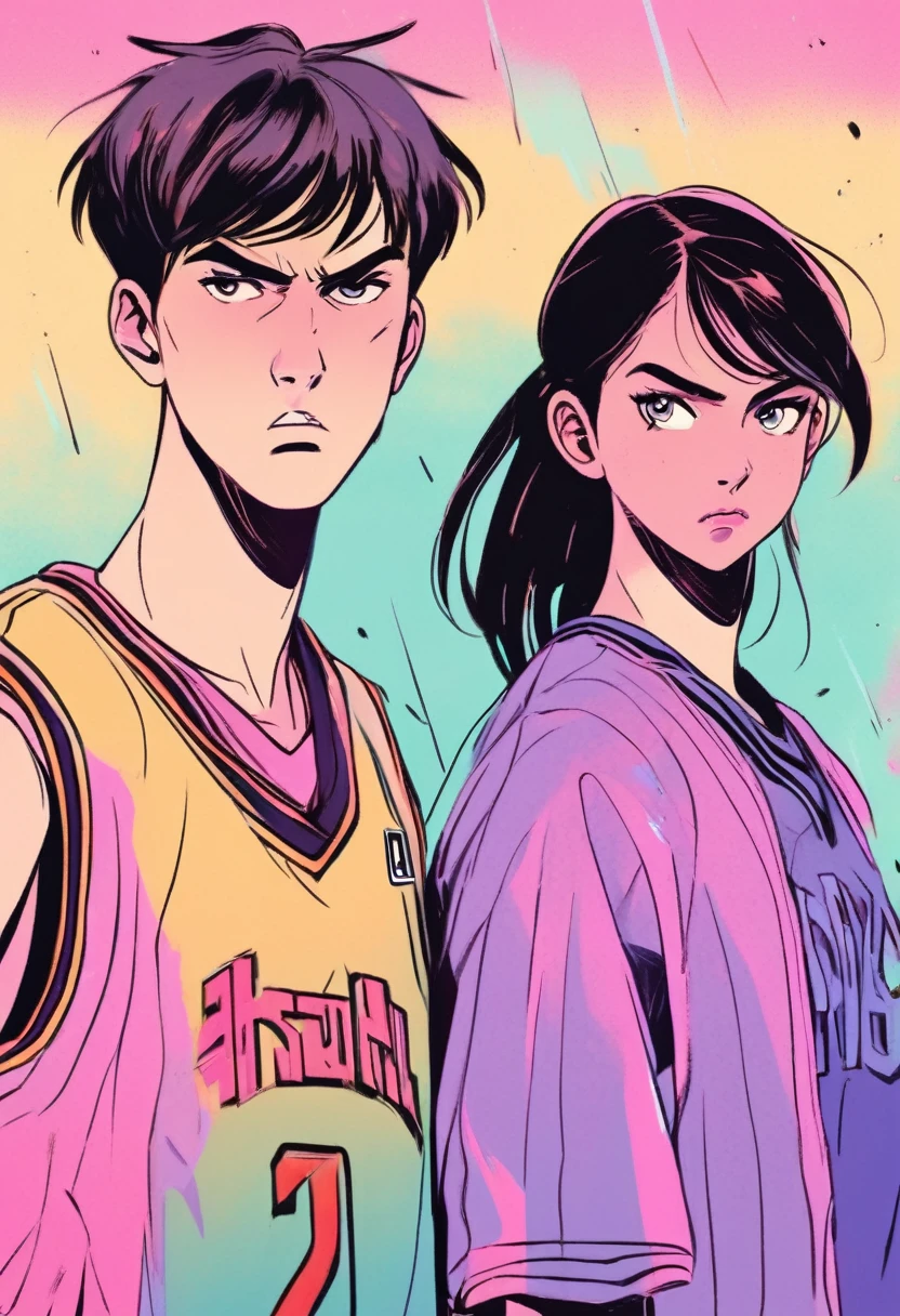 A teenage boy-girl couple, wearing basketball jerseys in the style of enemies, angry faces, soft pastel colored background, vector style, manga style, digital art, by Marshall Arisman, cover illustration, 70mm, 7 0 mm, 70 mm, book cover illustration, by Brigette Barrager, album cover, novel cover art for a book, art concept for a book cover, cover art, 7 feet tall,