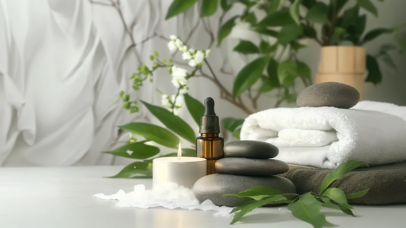Towels and bottles of essential oils on the counter, relax atmosphere, relax environment, Peaceful atmosphere, relax mood, relax, spa, Quiet environment, 🤬 🤮 💕 🎀, appease, Peaceful environment, Paradise Garden Massage, Serene landscape, Lush green environment, very relax, Clean and neat design, Sublime and cozy atmosphere, Warm and fun atmosphere、８K