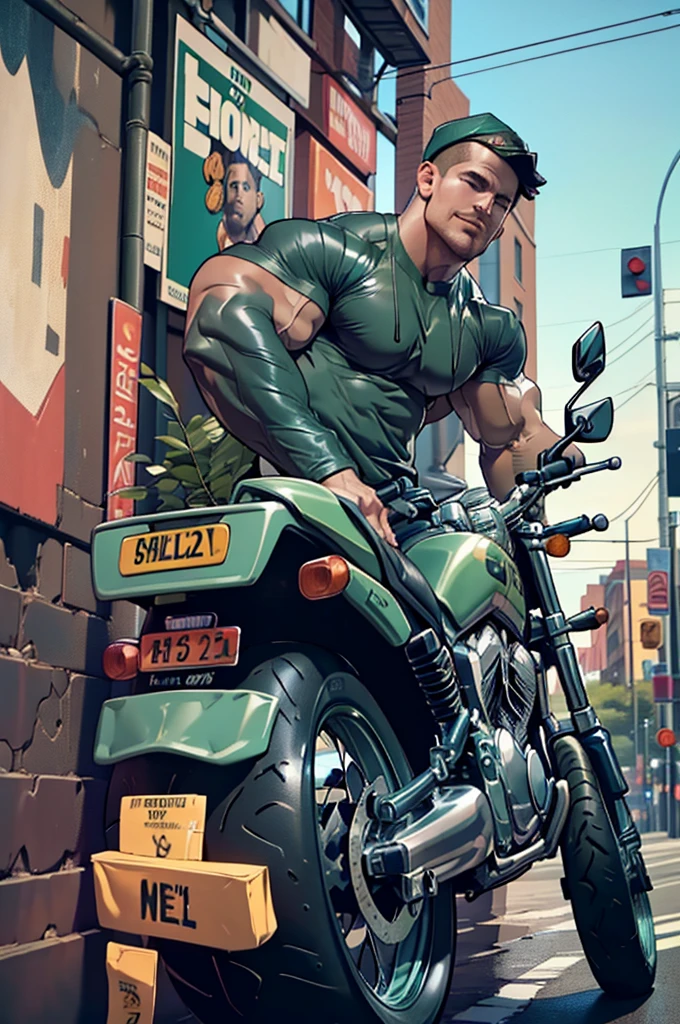 32k, high quality , detailed face , detailed hands , detailed muscles detailed motorcycle , (((Stephen AMELL))) standing near his (((motorcycle 1.2))), posing in a street ,standing with spread legs, showing his muscles, shirtless wearing a very very low dark green pants with brown belt,SHIRTLESS , background brick wall with men health posters