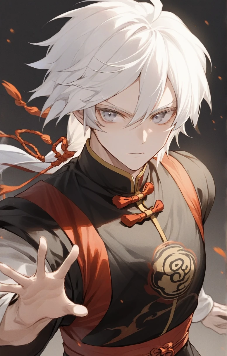 man, human, adventurer, chinese costume, kung fu, elegant, flat chest, white hair, bustshot