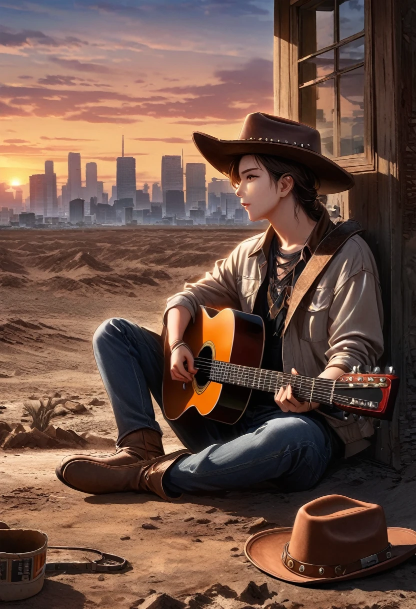 wasteland，西部牛仔sit在石头上Play the guitar，(sit:1.2)，Wear a cowboy hat，Rusty，The skyline in the distance，Western style background，Sunset，(Play the guitar:1.3)