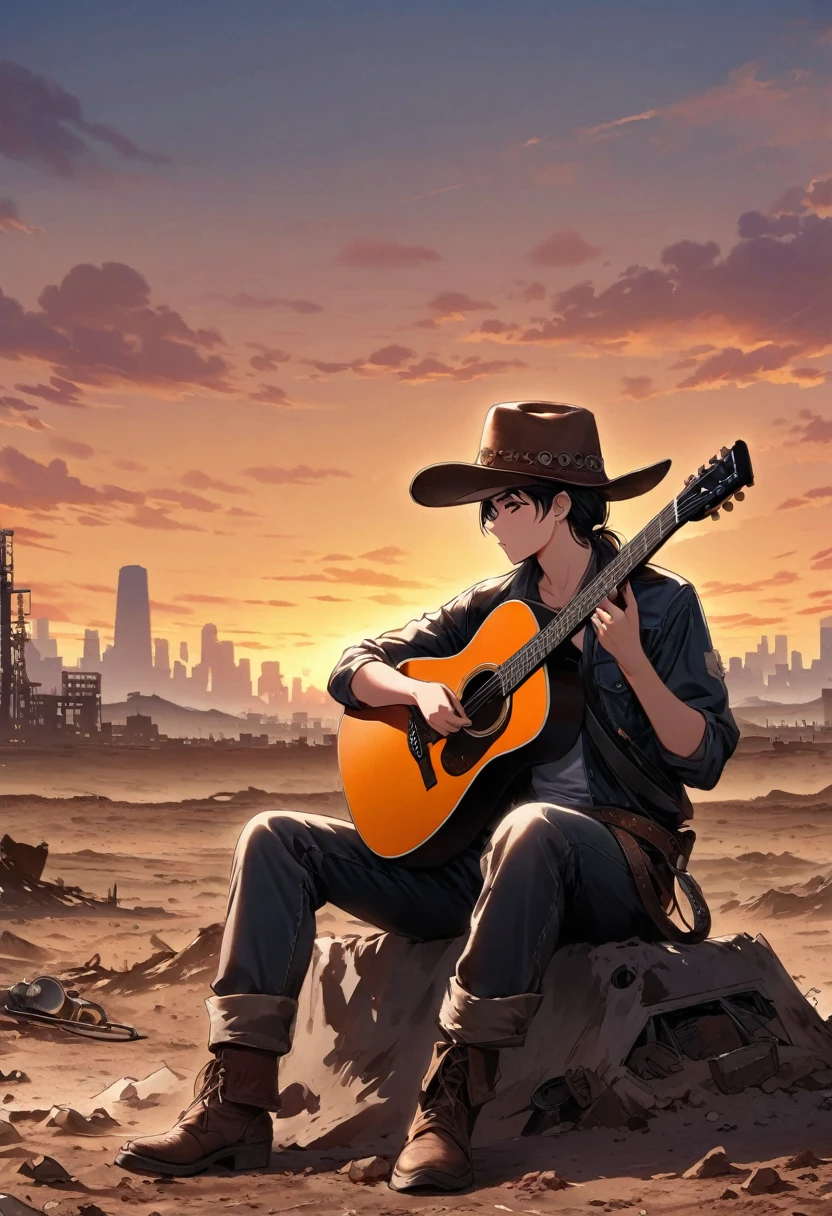 wasteland,西部牛仔sit在石头上Play the guitar,(sit:1.2),Wear a cowboy hat,Rusty,The skyline in the distance,Western style background,Sunset,(Play the guitar:1.3)