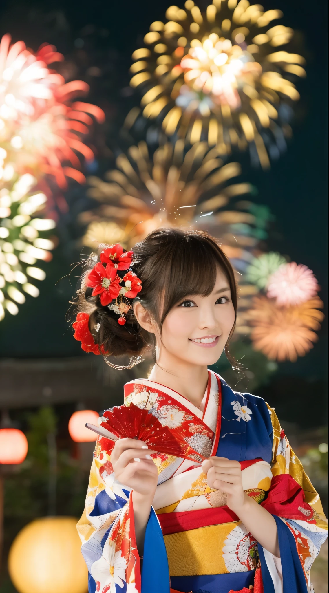 ((masterpiece(:1.4)，Highest quality，Ultra-high resolution，Highest quality，8k，Extremely detailed，In detail))。night，Fireworks display，Summer festival，Japanese，Oiran，Twelve-layered kimono，Hair tying，hair ornaments，hairpin，geta，A beautiful woman，Gorgeous and luxurious，(Fireworks displayのnightに河川敷で花火を背景にしたスナップ写真)，Hyper Quality