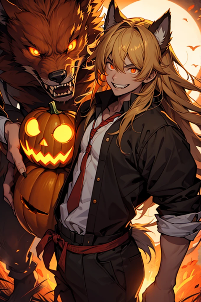High school werewolf boy, smiling with fangs, orange glowing eyes, long tied hair, pumpkin spirit