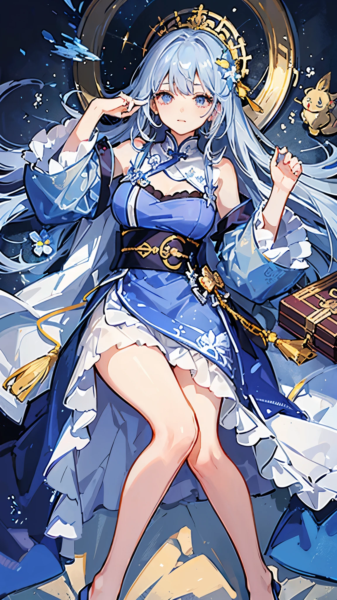 (Highest quality)), ((masterpiece)), (detailed), battlefield、One sleeping girl, Crystal clear light blue hair、Her hair is gradated and white from the hairline to the middle.、Hair length is up to the knees、Gorgeous light blue lustrous Chinese clothing、The hair ornament is glittering gold.、Silver hair ornament、She has big breasts、Adult face、