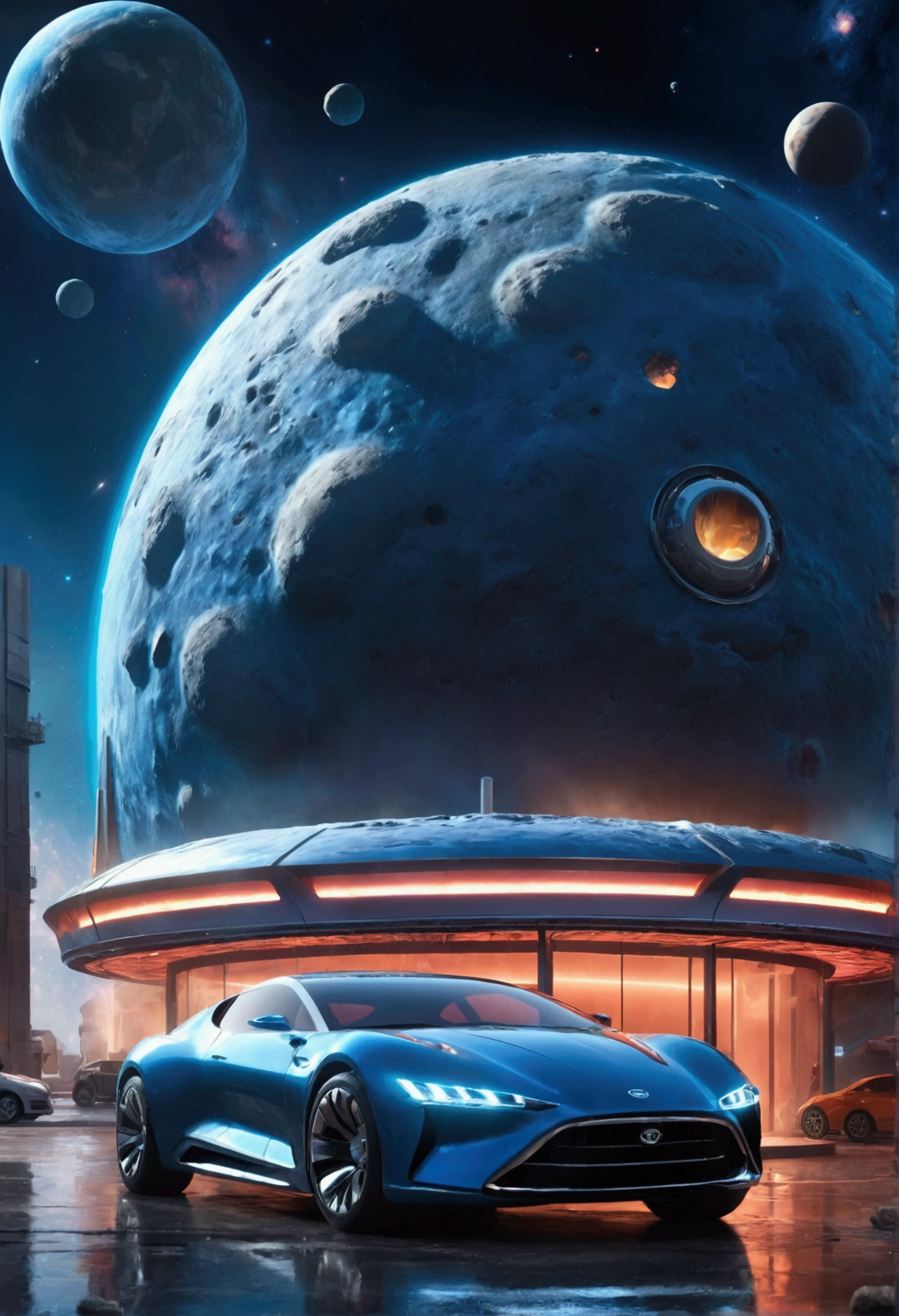 Futuristic carwash building in space asteroid. 