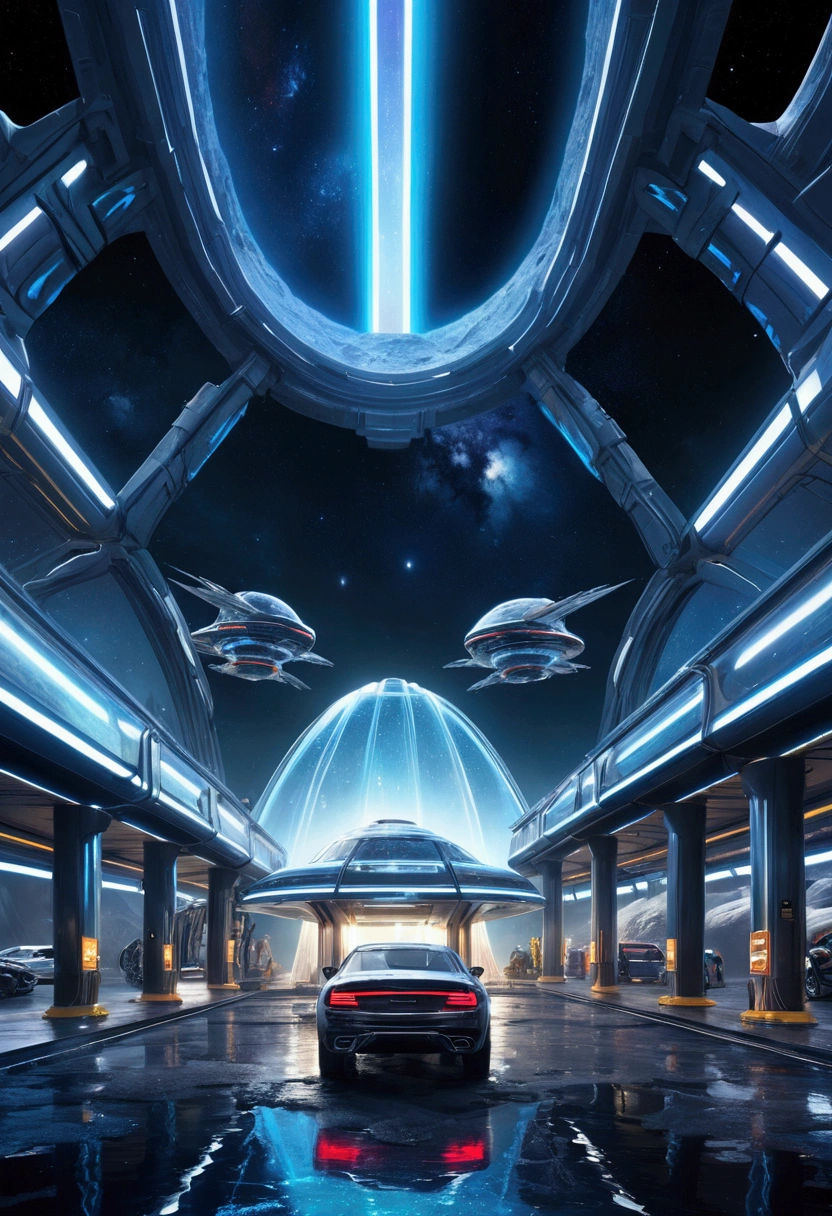 Futuristic carwash building in space asteroid. 