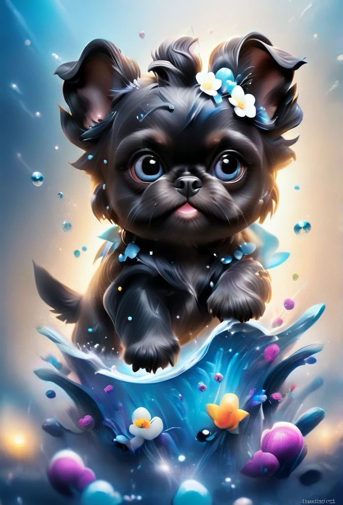 2 adorable very small very black Shih Tzu puppies with big bright blue eyes,extremely detailed eyes and face,longeyelashes,wearing blue collars and sunglasses,playing in creek,butterflies and flowers in background,(3D Pixar style,photorealistic,masterpiece,vibrant colors,studio lighting,ultra-detailed,sharp focus,physically-based rendering,professional:1.37)