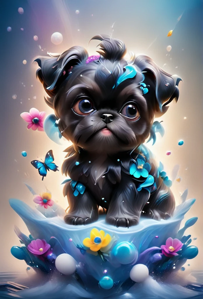 2 adorable very small very black Shih Tzu puppies with big bright blue eyes,extremely detailed eyes and face,longeyelashes,wearing blue collars and sunglasses,playing in creek,butterflies and flowers in background,(3D Pixar style,photorealistic,masterpiece,vibrant colors,studio lighting,ultra-detailed,sharp focus,physically-based rendering,professional:1.37)