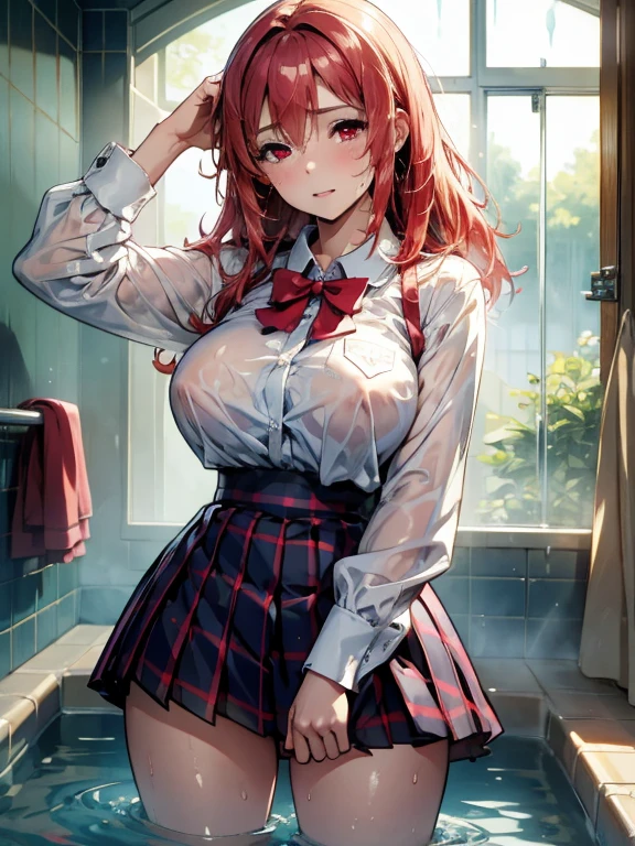 (masterpiece, best quality:1.2), in the bath , wet clothes, soaked, wet hair, wet skin, translucent, glistening with oil , dishevelled , solo, 1girl, school girl uniform , steam , plaid skirt , pleated skirt , The shirt is tight. , white shirt , school girl , red bow , red knot , red eyes, intricate, highres, 8k, detailed hair , wet and sweaty , wet white shirt , clothes were so wet that her breasts could be seen , Nipples can be seen through , Soak in water , honoka dead or alive , skull hair ornament