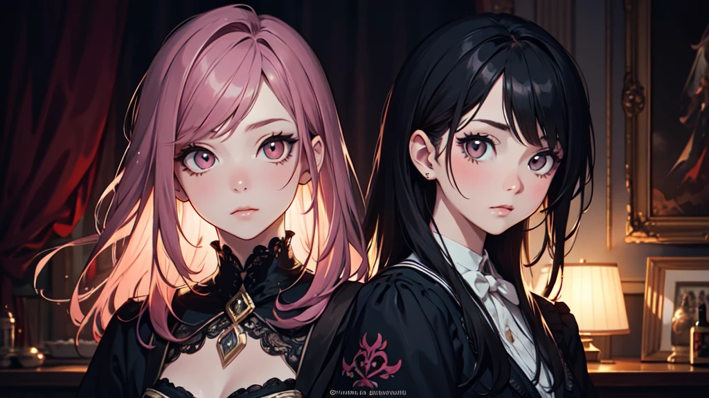 "art poster, close-up, fancy [black and white] eyes and hair beautiful kawaii very sweet charming two emo schoolgirls, pink eyelashes, a sign by[anna dittman], by[jeremy mann], bohemian. the highest level of detail. painting by gustave moreau style. high detail of the eyeshadow and clothing material, 32k resolution. aesthetical. tokyo hotel style."
