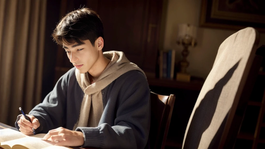 A young man sitting in a chair reading the Bible、Study、high resolution