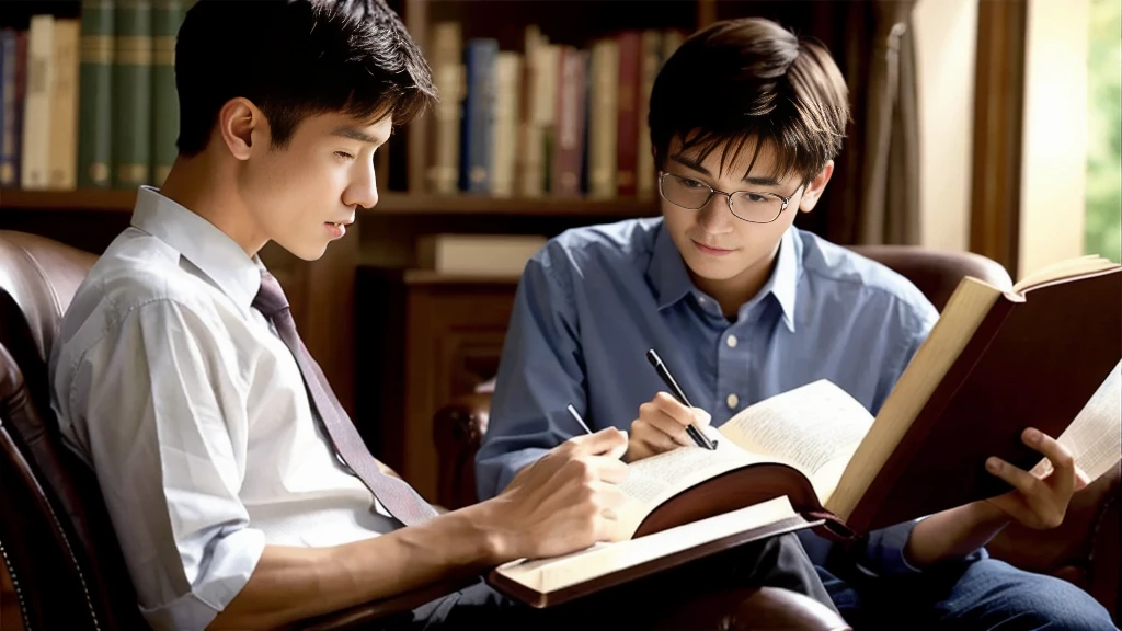 A young man sitting in a chair reading the Bible、Study、high resolution
