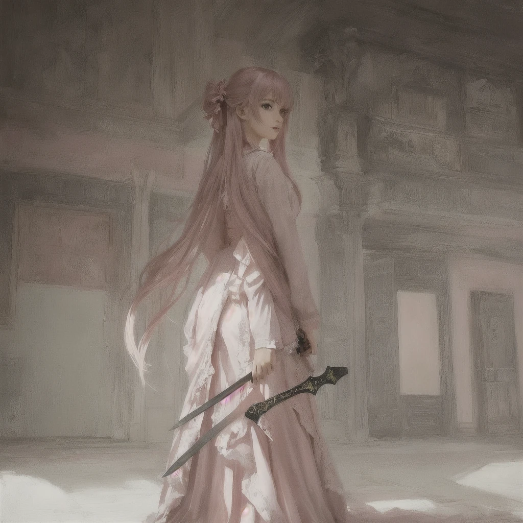Anime girl in a pink dress holding a sword in a room, Gwaiz on pixiv artstation, Gwaiz, Gwaiz on artstation pixiv, artwork in the style of Gwaiz, Painted in an anime artist's studio, Gwaiz masterpiece, artstation pixivでトレンド, Created by Anime Painter StudioA 17-year-old Japanese girl with vibrant hair colors, long hair, daring hair styling, slender figure, plump cheeks. She embodies the punk rock aesthetic, dressed like a punk rocker with bold attire, large sunglasses, a defiant expression. She stands at 170 centimeters tall, weighs 30 kilograms, wears long boots, with her thighs visible under a red pleated skirt. Adorned with numerous silver accessories. Depict with distinct outlines, using colors other than black for the outlines, using colorful hues for the outlines. She's into girls' rock, punk, Electric guitar, vibrant colors, stages, and backed by a band. An underground clubhouse with colorful lighting amidst the darkness. Colorful candies resembling mountains of treats are plentiful, strewn all around. A tall, well-built man with blonde hair is present, adorned with tattoos, a nose piercing, and a split tongue.