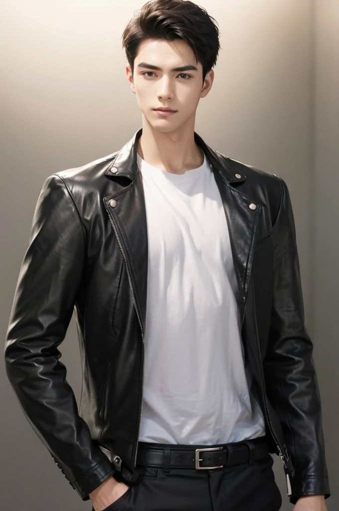 at office,wearing black leather jacket,two block haircut, Attractive man,Live-action photo,Handsome and sunny,(SLR effect,Reality,8K,Hyper-detailing,Absolute realism)