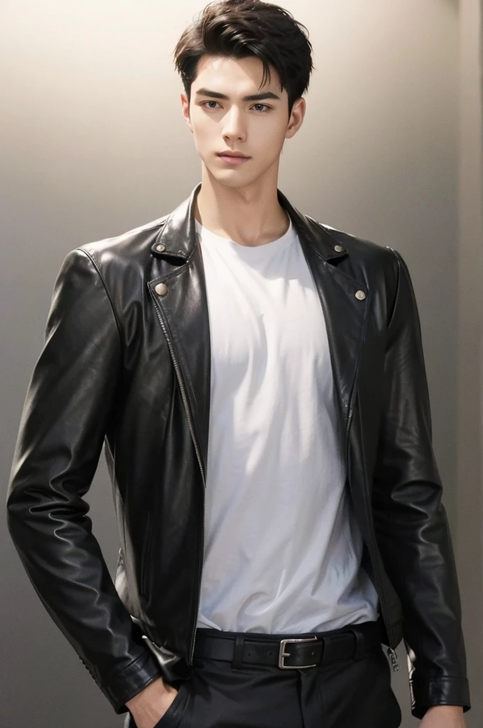 at office,wearing black leather jacket,two block haircut, Attractive man,Live-action photo,Handsome and sunny,(SLR effect,Reality,8K,Hyper-detailing,Absolute realism)